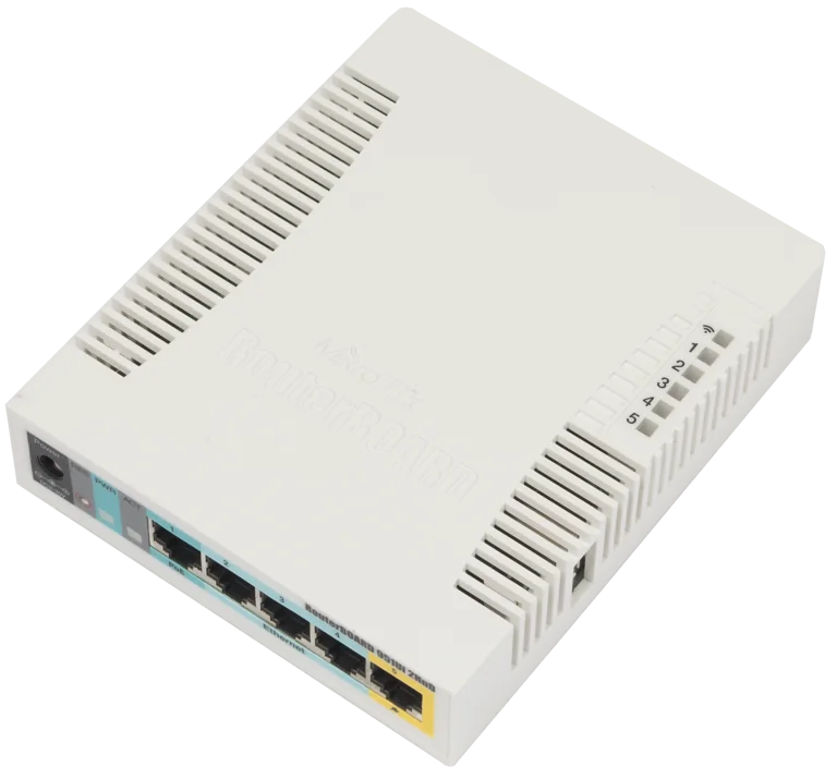 Mikrotik RB951UI-2HND 2.4GHz AP with five Ethernet ports and PoE output on port 5